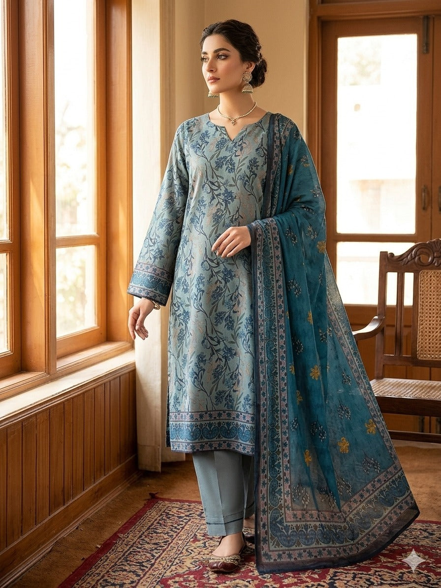 Powder Blue Floral Printed Lawn 3 Piece Suit with Teal Printed Dupatta (Unstitched)