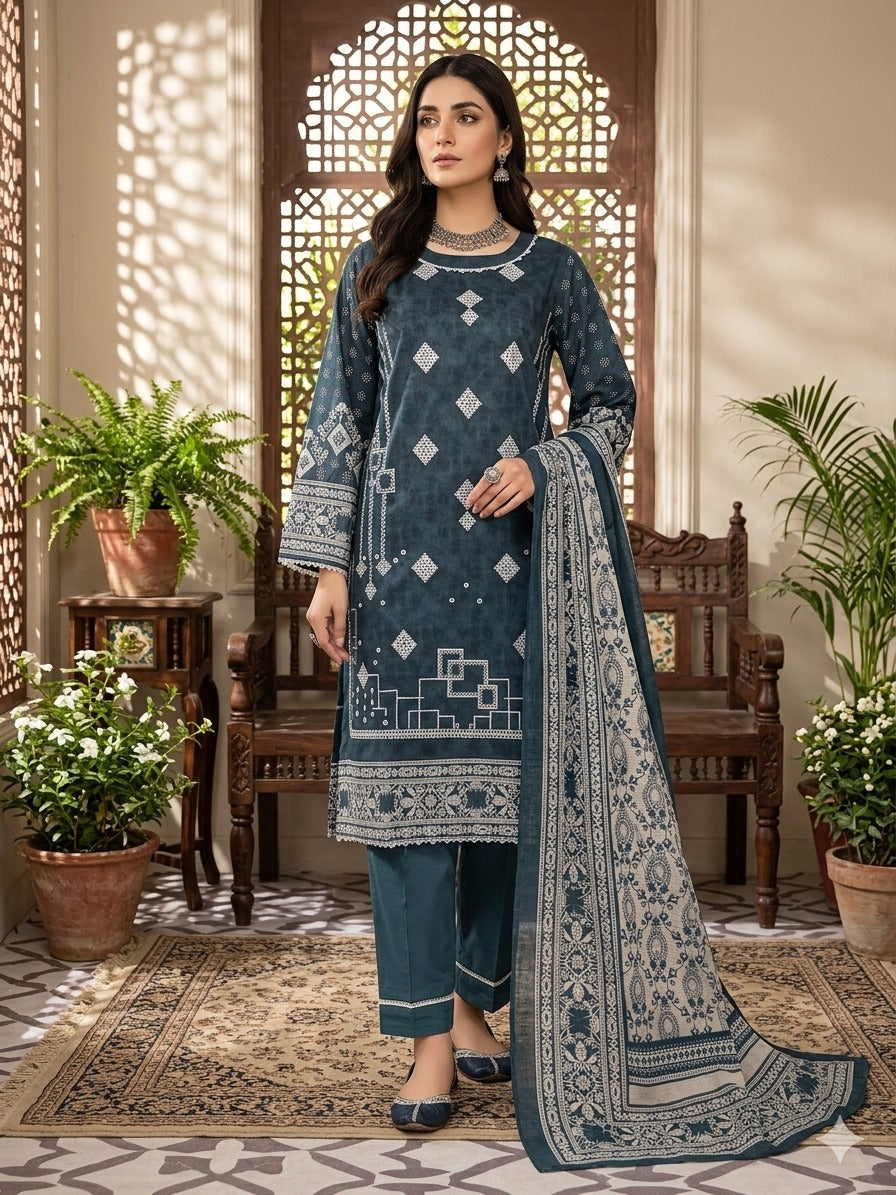 Teal Blue Printed Lawn Suit with Printed Contrast Dupatta – 3 Piece (Unstitched)