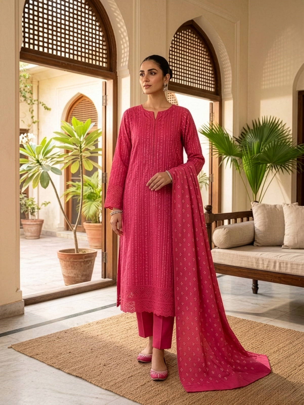 Raspberry Pink Embroidered Lawn Suit with Printed Dupatta (Unstitched)