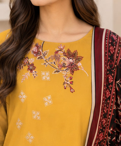 Mustard Yellow Ready-to-Wear Embroidered Lawn Suit with Printed Dupatta (Stitched)