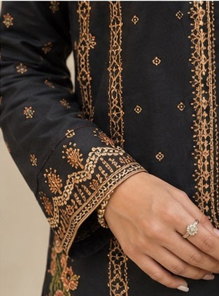 Charcoal Black Ready-to-Wear Embroidered Lawn Suit with Printed Dupatta (Stitched)