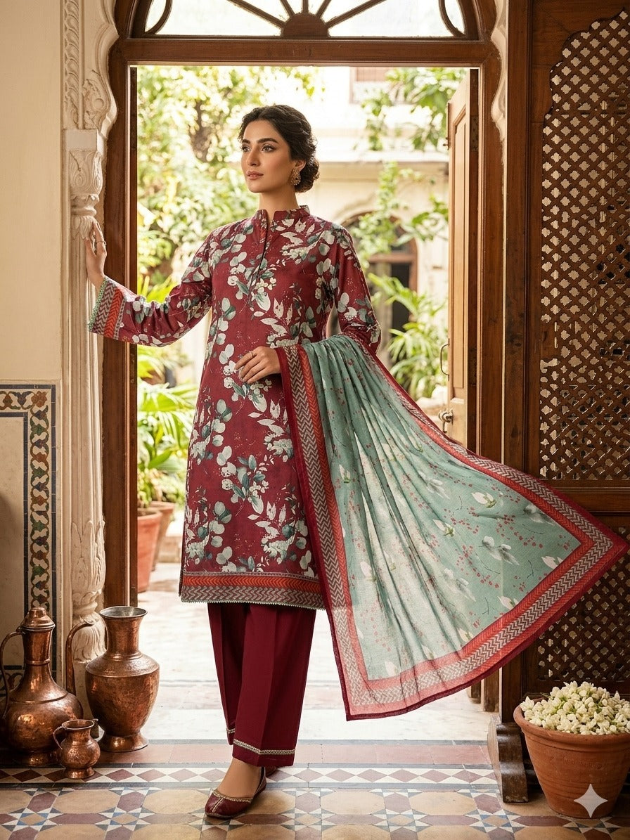 Deep Maroon Floral Printed Lawn 3 Piece Suit with Seafoam Green Printed Dupatta (Unstitched)