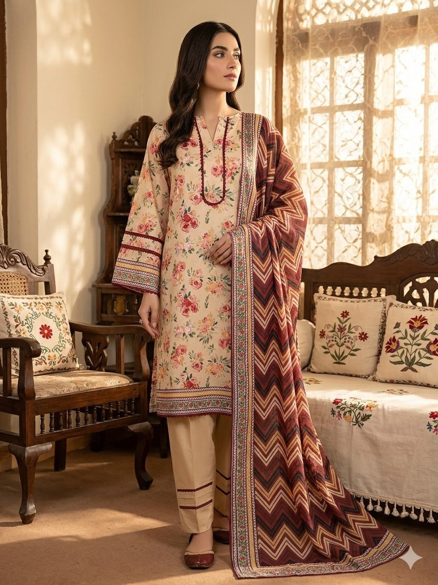 Cream Beige Floral Printed Lawn 3 Piece Suit with Burgundy Chevron Printed Dupatta (Unstitched)