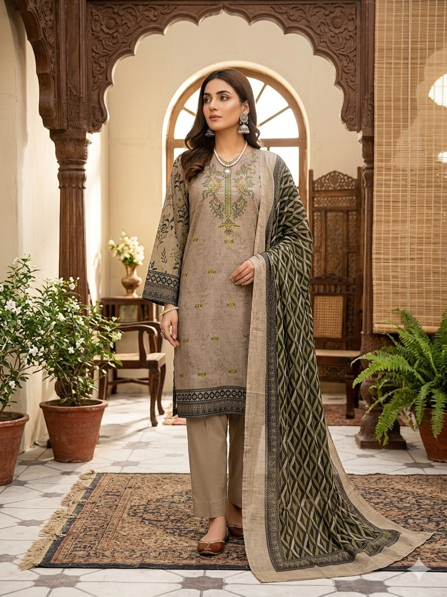 Beige Embroidered Lawn Suit with Olive Green Printed Dupatta – 3 Piece (Unstitched)