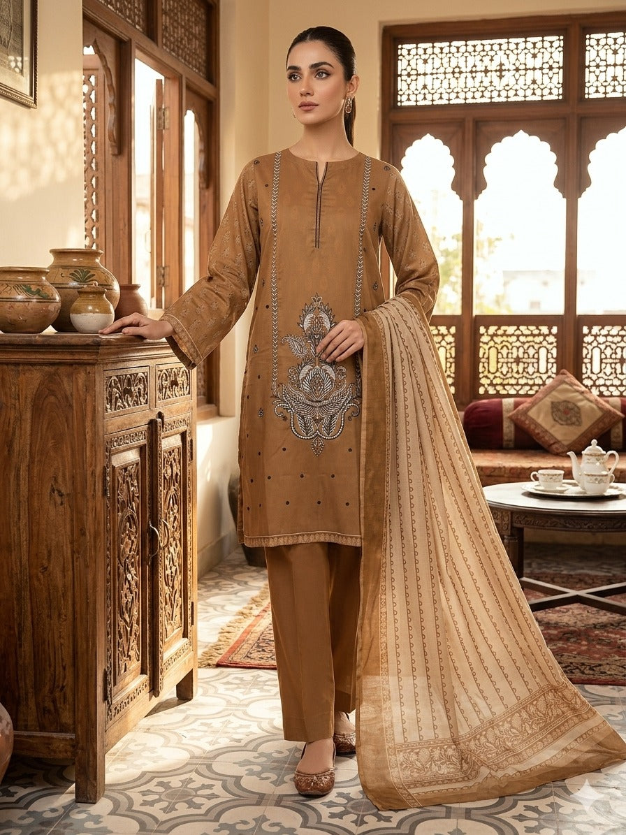 Camel Brown Embroidered Lawn Suit with Beige Printed Dupatta – 3 Piece (Unstitched)
