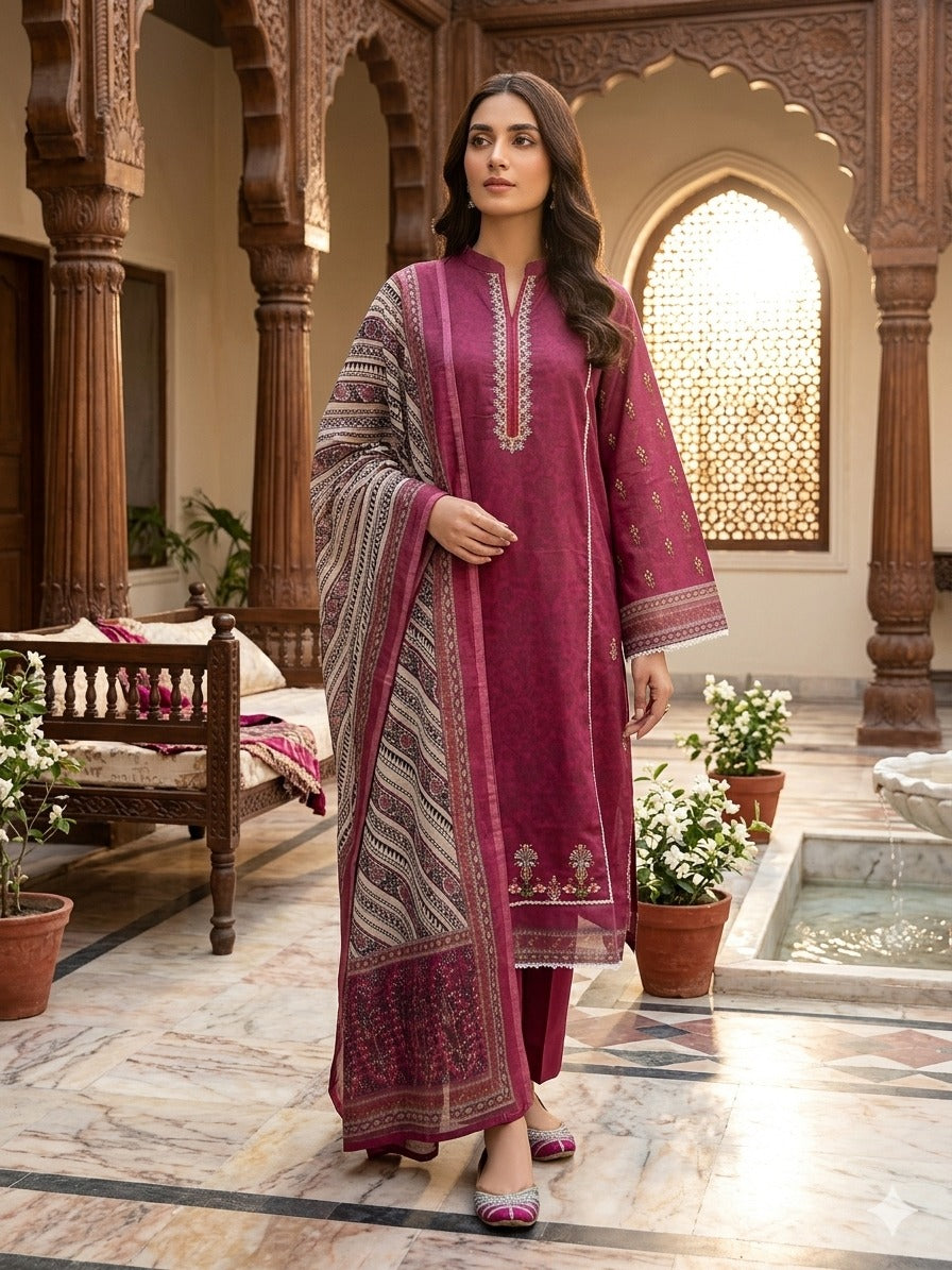 Deep Magenta Embroidered Lawn Suit with Printed Dupatta (Unstitched)