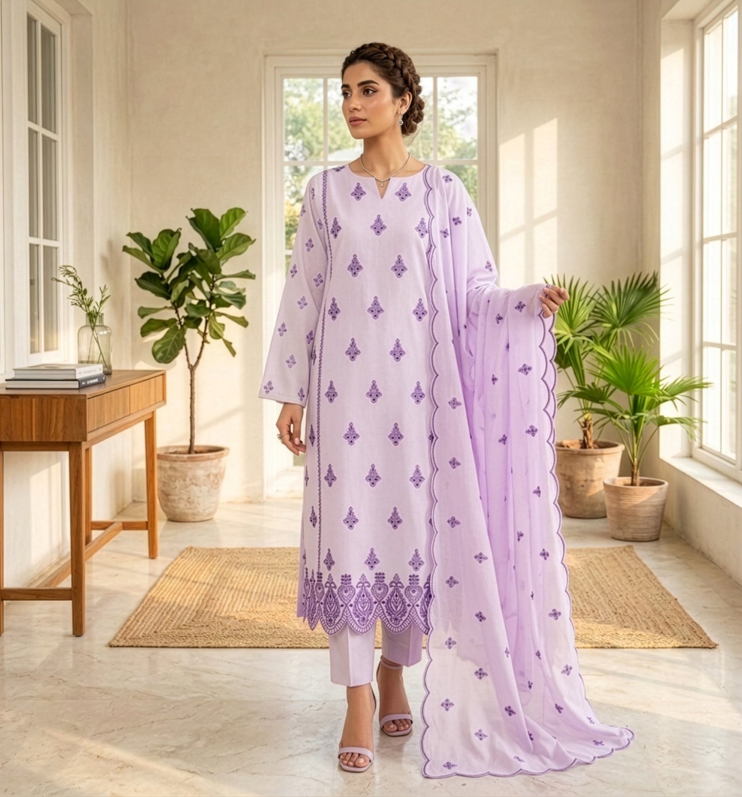 Lavender Mist Embroidered Lawn Suit with Printed Dupatta (Unstitched)