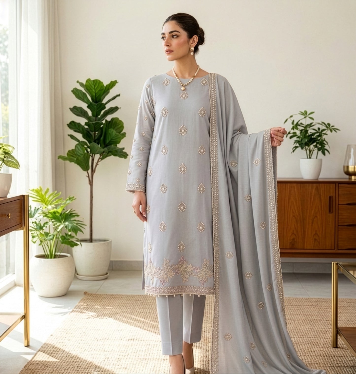 Pearl Grey Embroidered Lawn Suit with Printed Dupatta (Unstitched)