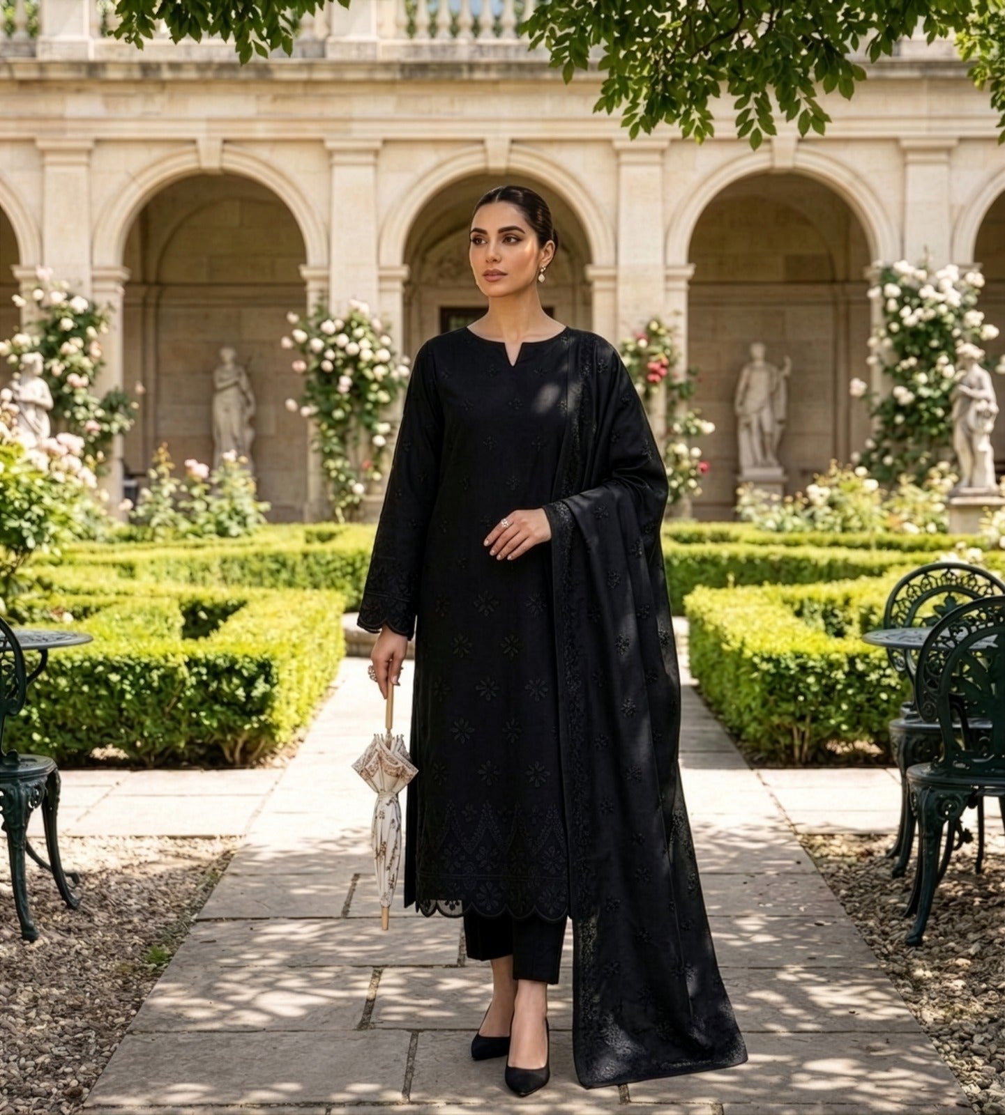 Classic Black Embroidered Lawn Suit with Printed Dupatta (Unstitched)