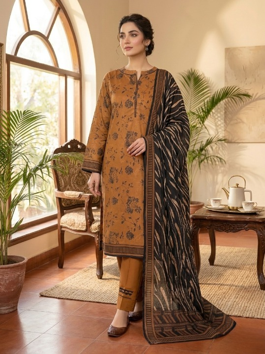 Camel Brown Floral Printed Lawn 3 Piece Suit with Black Printed Dupatta (Unstitched)