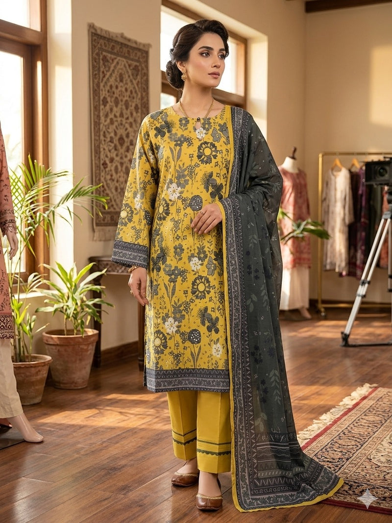 Mustard Bloom Printed Lawn 3-Piece Suit with Charcoal Dupatta (Unstitched)