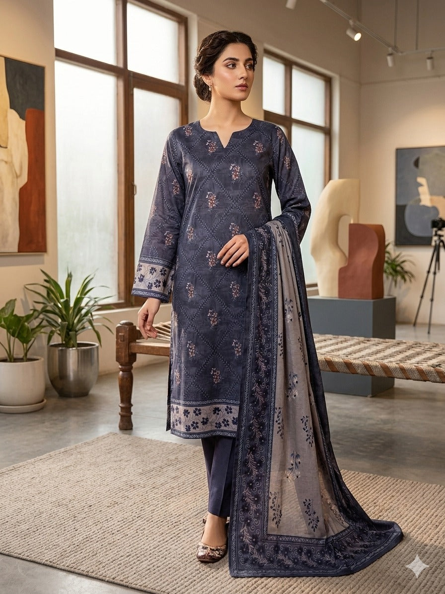 Midnight Slate Printed Lawn 3-Piece Suit with Elegant Dupatta (Unstitched)