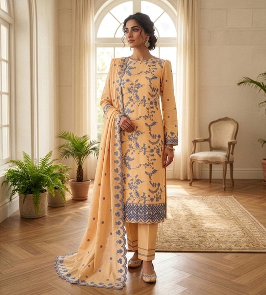 Soft Apricot Embroidered Lawn Suit with Printed Dupatta (Unstitched)