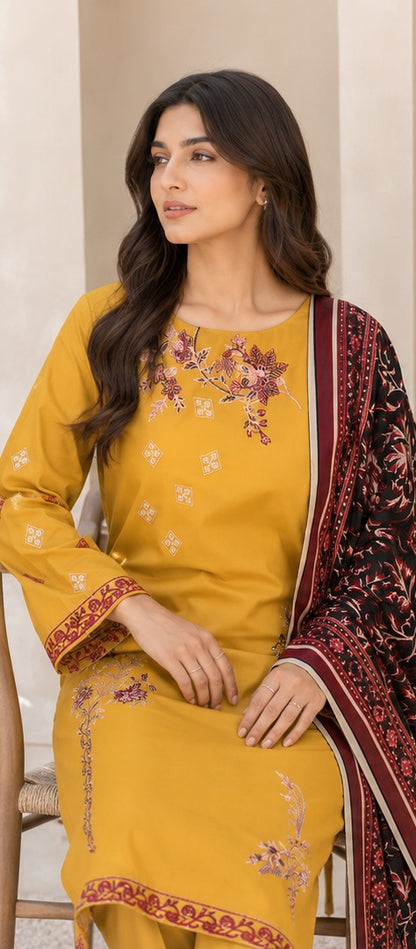 Mustard Yellow Ready-to-Wear Embroidered Lawn Suit with Printed Dupatta (Stitched)