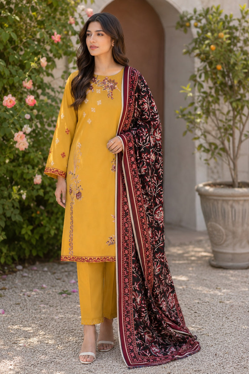 Mustard Yellow Ready-to-Wear Embroidered Lawn Suit with Printed Dupatta (Stitched)