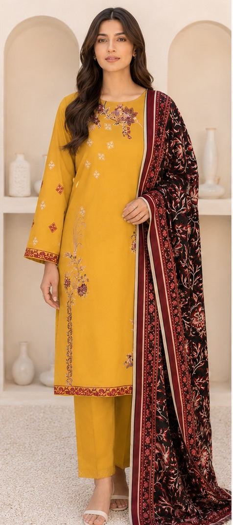 Mustard Yellow Ready-to-Wear Embroidered Lawn Suit with Printed Dupatta (Stitched)