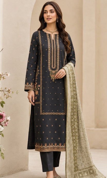 Charcoal Black Ready-to-Wear Embroidered Lawn Suit with Printed Dupatta (Stitched)