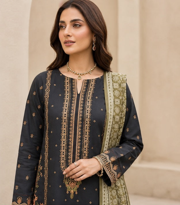 Charcoal Black Ready-to-Wear Embroidered Lawn Suit with Printed Dupatta (Stitched)