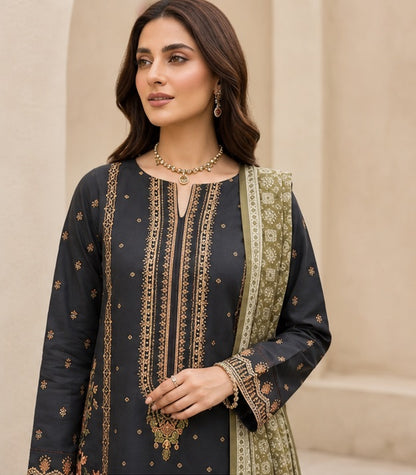 Charcoal Black Ready-to-Wear Embroidered Lawn Suit with Printed Dupatta (Stitched)