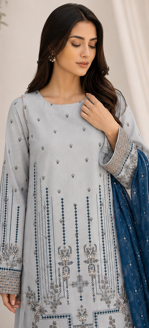 Mist Blue Embroidered Ready to Wear 3 Piece Suit with Printed Dupatta (Stitched)