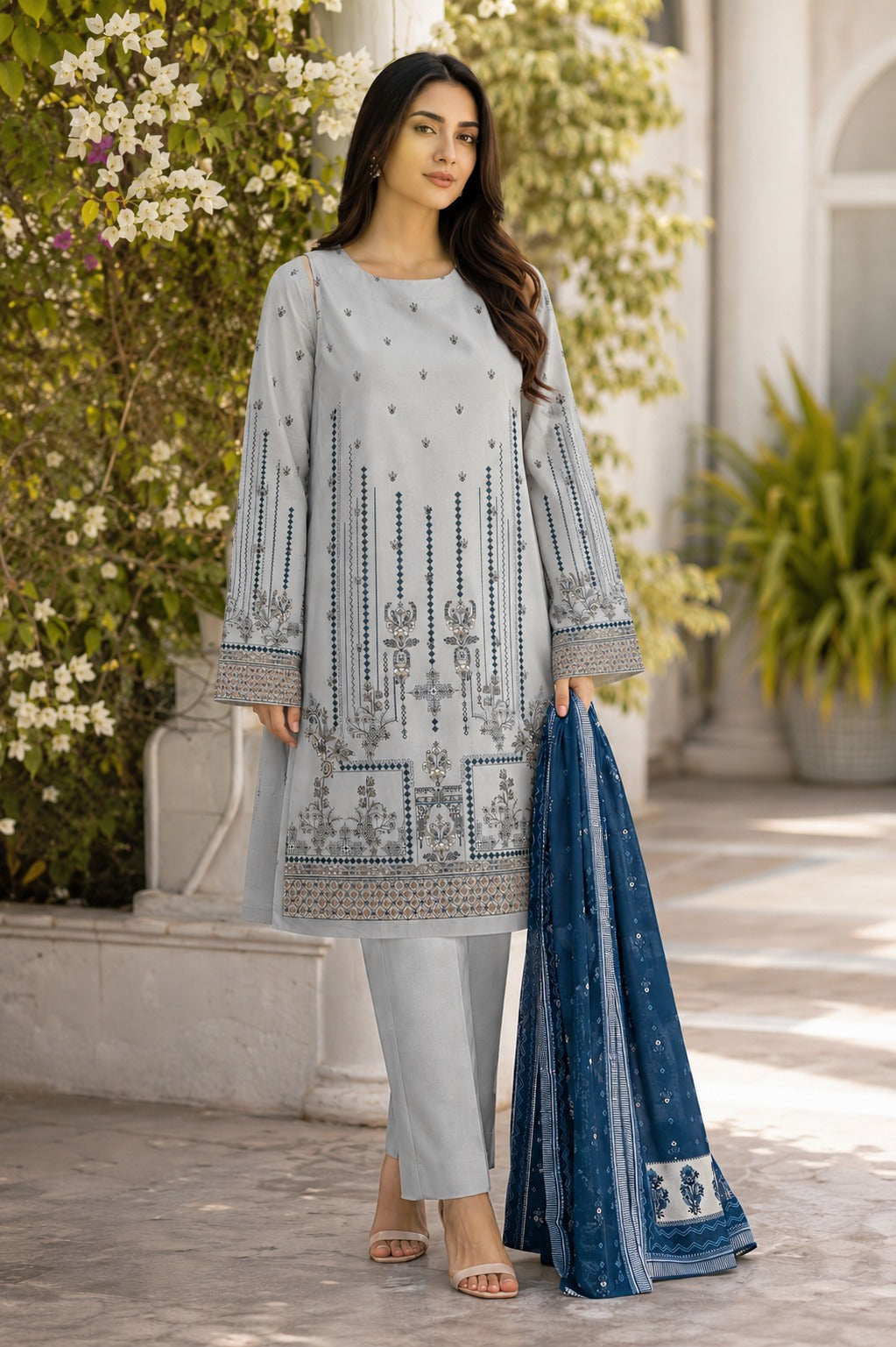 Mist Blue Embroidered Ready to Wear 3 Piece Suit with Printed Dupatta (Stitched)