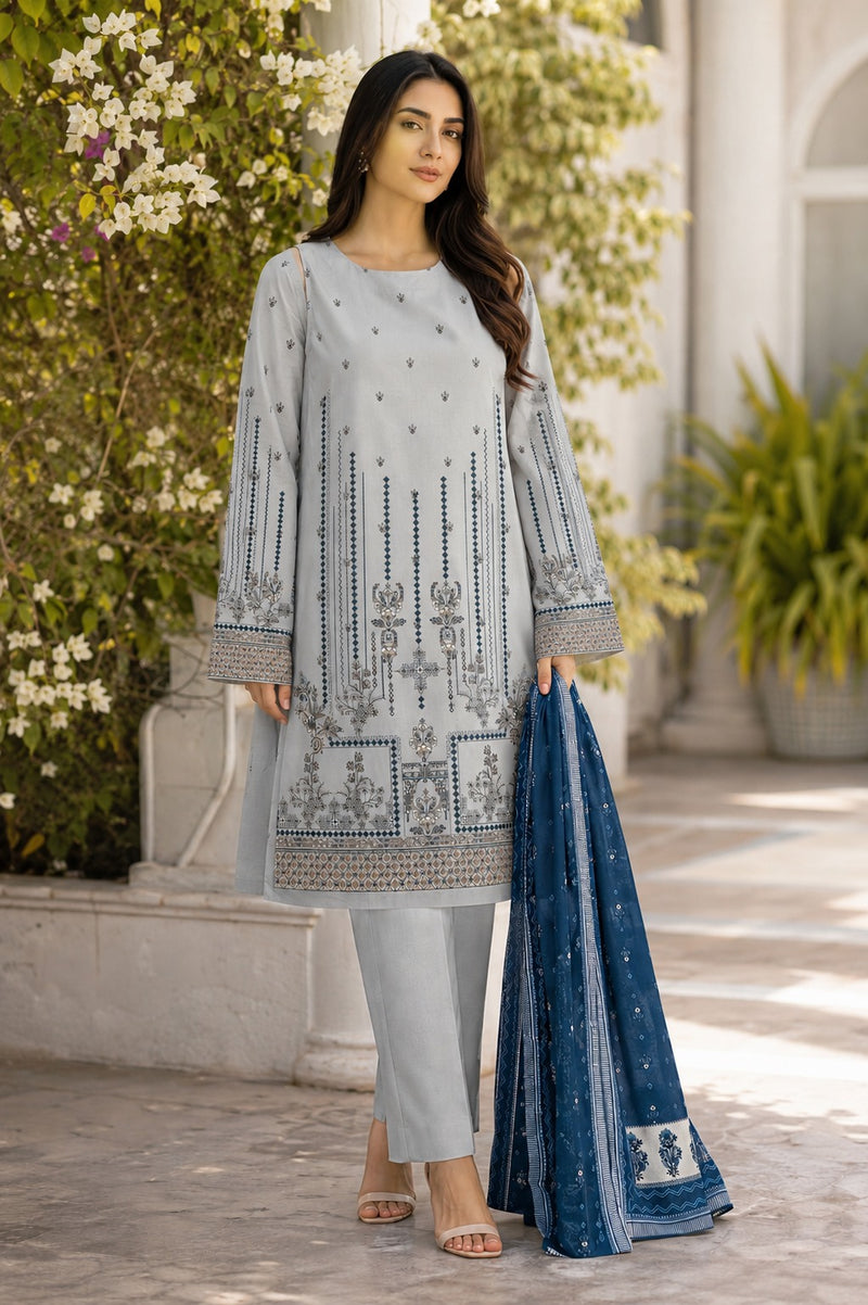 Mist Blue Embroidered Ready to Wear 3 Piece Suit with Printed Dupatta (Stitched)