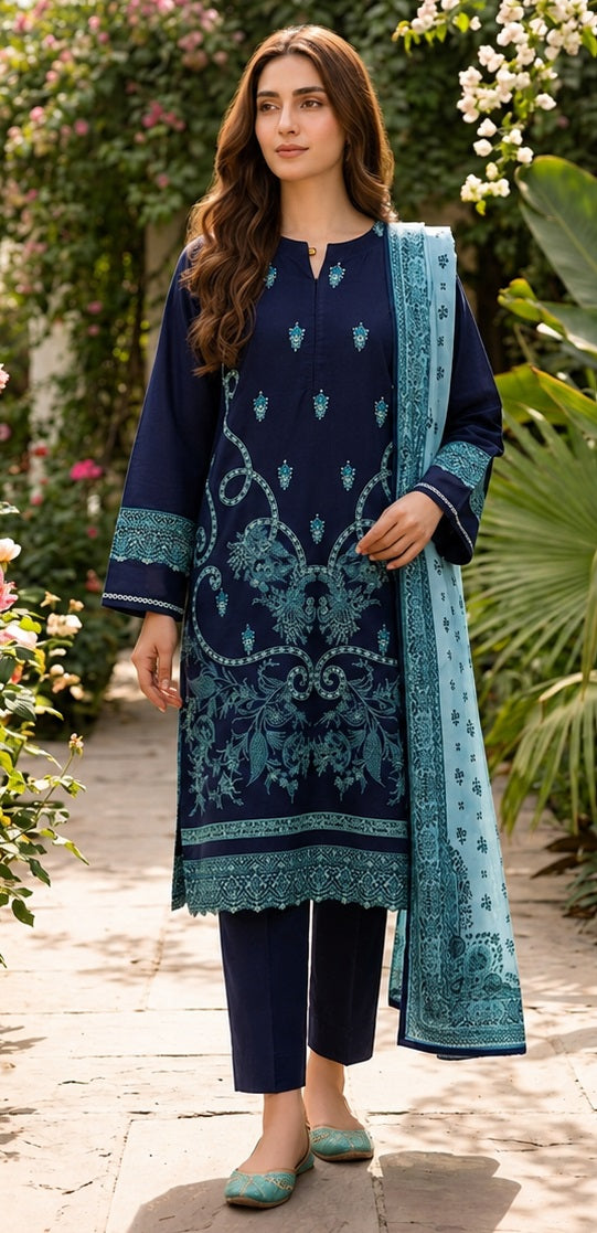 Midnight Navy Embroidered Ready to Wear 3 Piece Suit with Printed Dupatta (Stitched)