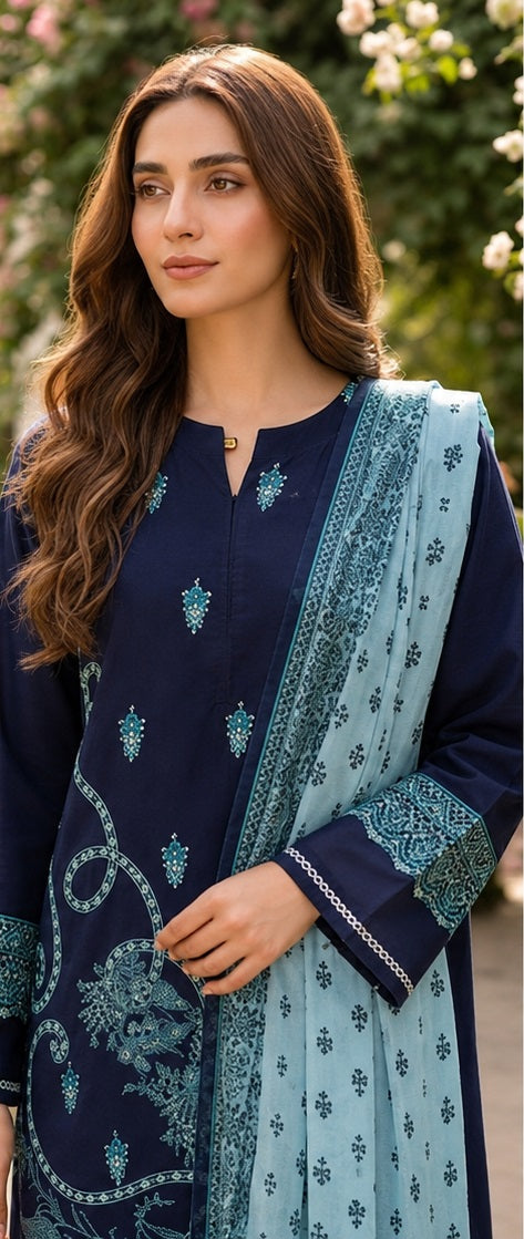 Midnight Navy Embroidered Ready to Wear 3 Piece Suit with Printed Dupatta (Stitched)