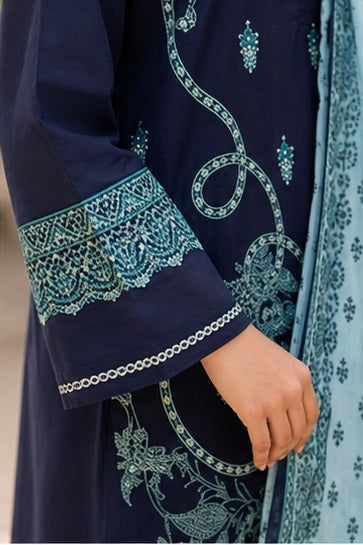 Midnight Navy Embroidered Ready to Wear 3 Piece Suit with Printed Dupatta (Stitched)