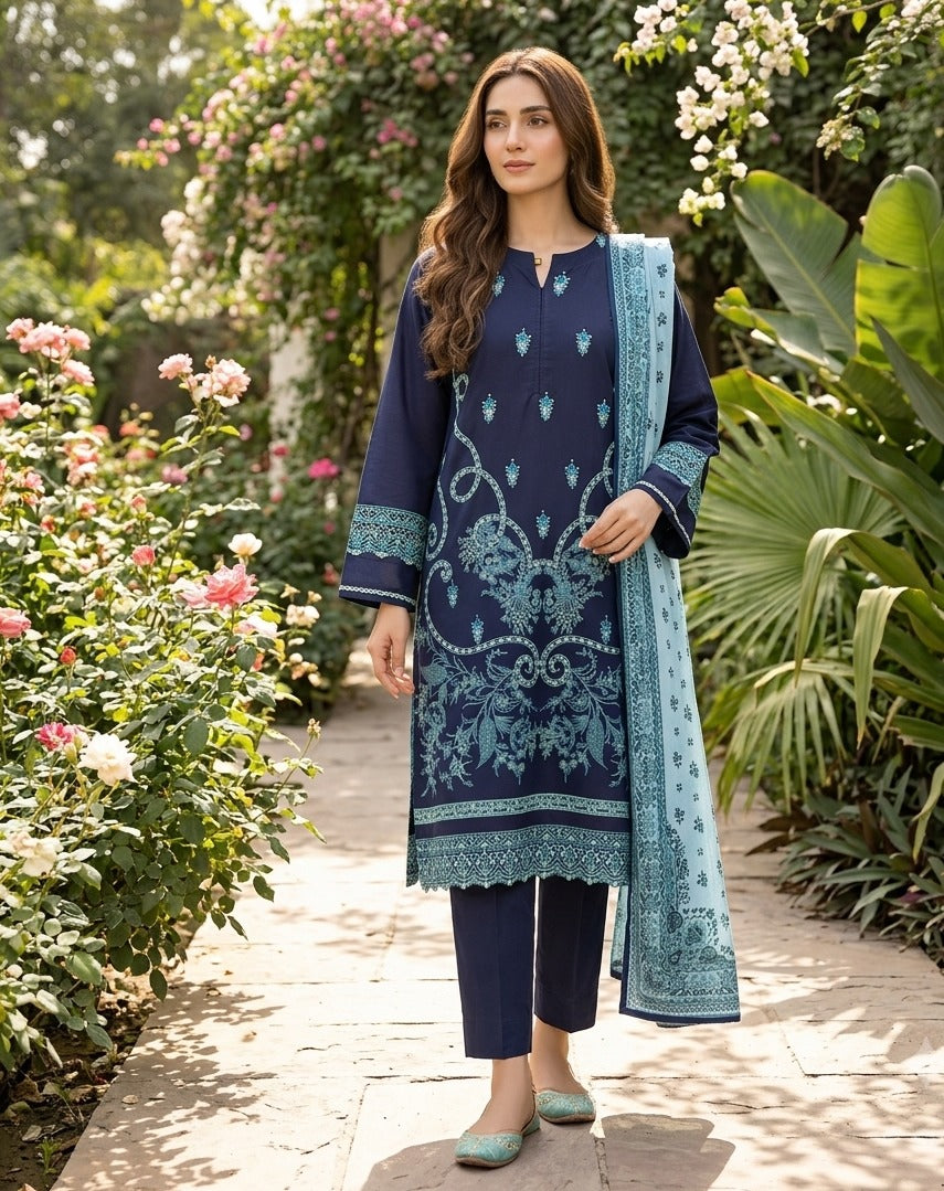 Midnight Navy Embroidered Ready to Wear 3 Piece Suit with Printed Dupatta (Stitched)