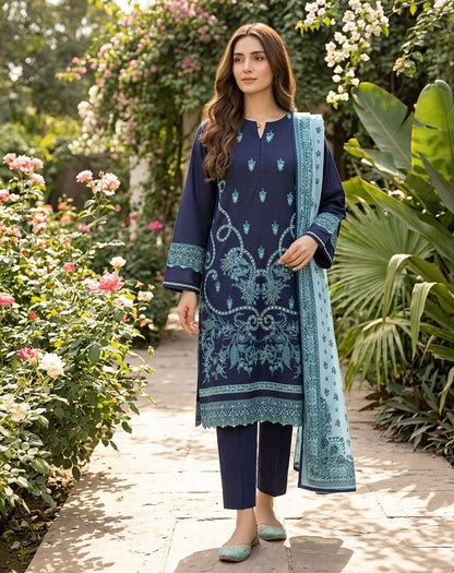 Midnight Navy Embroidered Ready to Wear 3 Piece Suit with Printed Dupatta (Stitched)