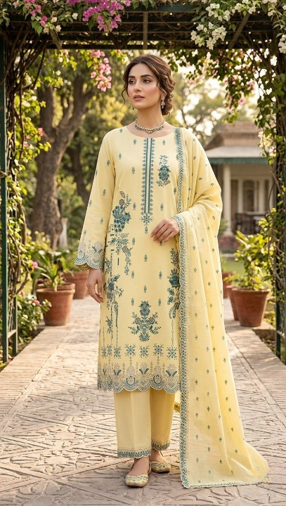 Pastel Butter Yellow Embroidered Unstitched 3-Piece Lawn Suit (Unstitched)