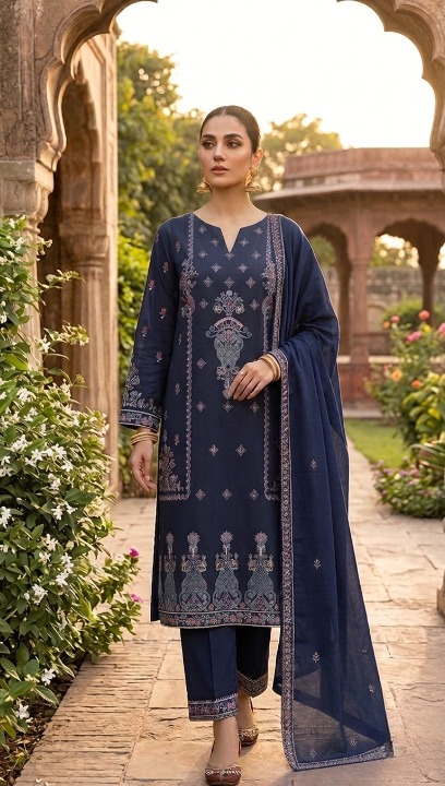 Midnight Navy Blue Embroidered Unstitched 3-Piece Lawn Suit (Unstitched)