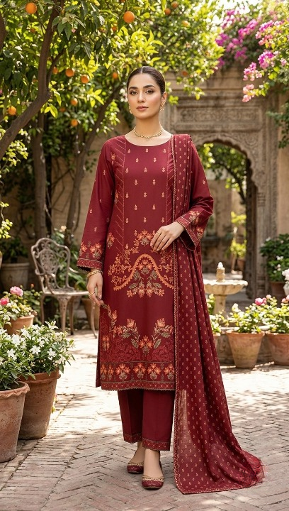 Royal Maroon Embroidered Unstitched 3-Piece Lawn Suit (Unstitched)
