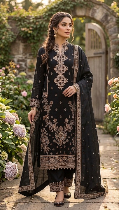 Classic Black Embroidered Unstitched 3-Piece Lawn Suit (Unstitched)