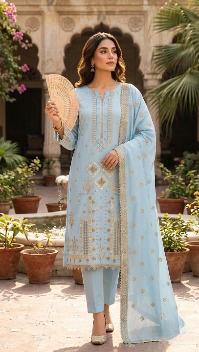 Powder Blue Embroidered Unstitched 3-Piece Lawn Suit (Unstitched)