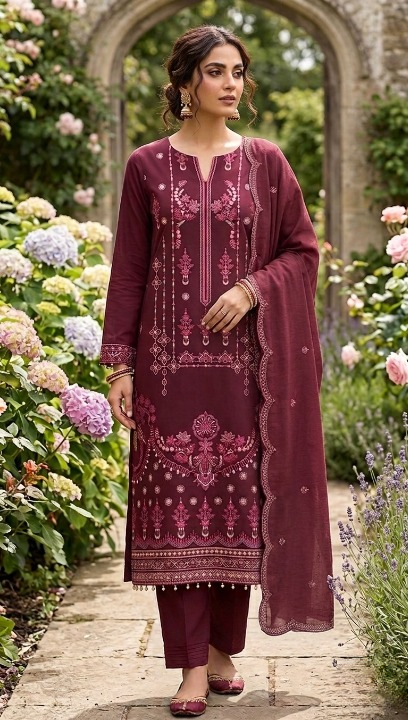 Plum Wine Embroidered Unstitched 3-Piece Lawn Suit (Unstitched)