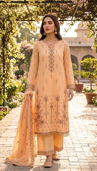 Soft Peach Embroidered Lawn 3-Piece Suit with Dupatta (Unstitched)