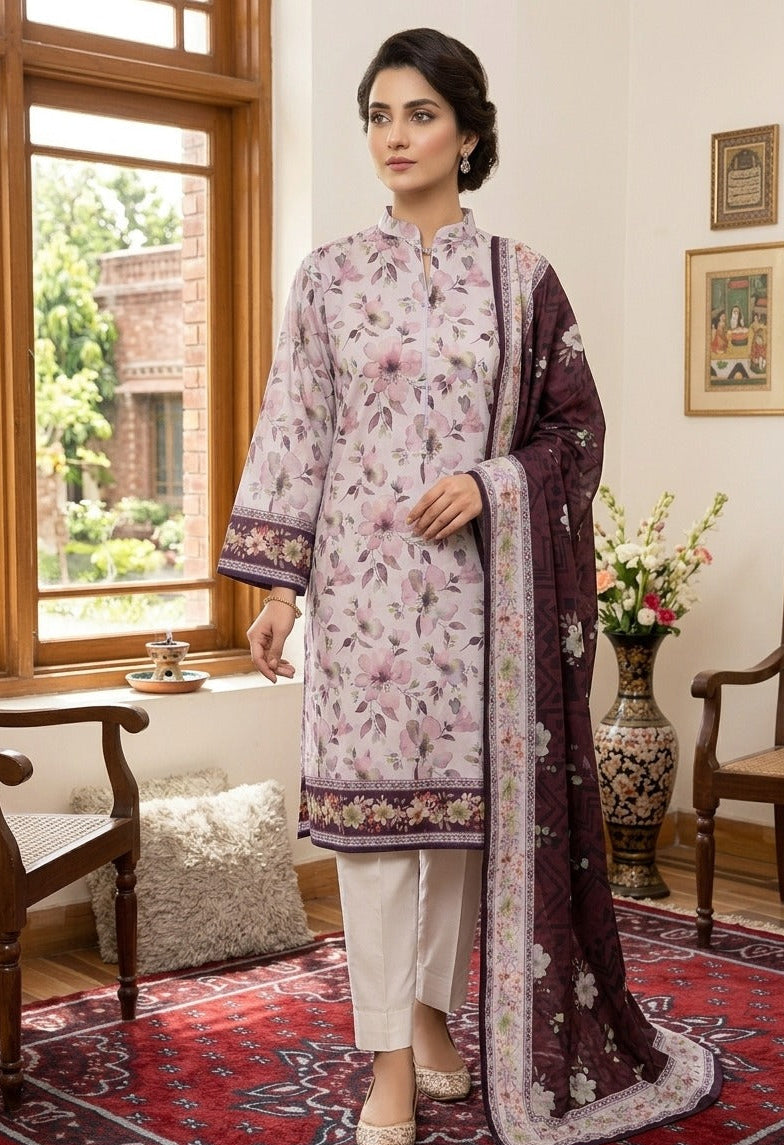 Soft Lilac Floral Printed Lawn 3 Piece Suit with Deep Plum Printed Dupatta (Unstitched)