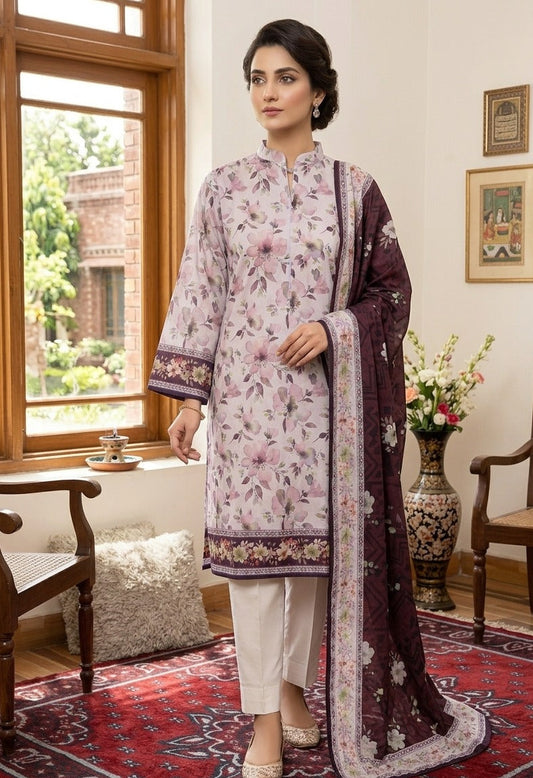 Soft Lilac Floral Printed Lawn 3 Piece Suit with Deep Plum Printed Dupatta (Unstitched)