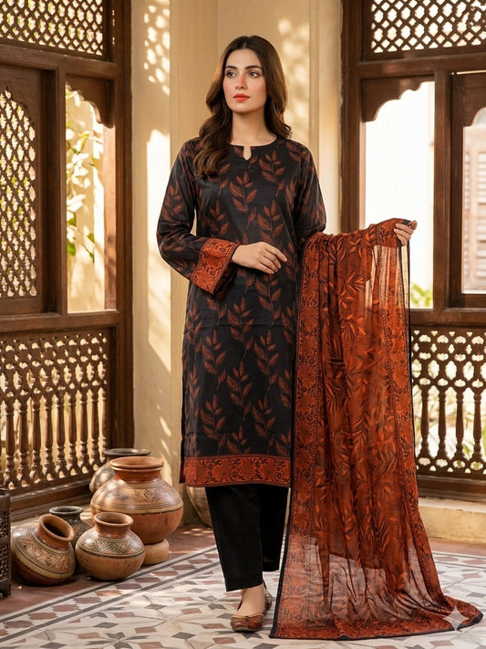 Charcoal Black Botanical Printed Lawn 3 Piece Suit with Rust Orange Printed Dupatta (Unstitched)