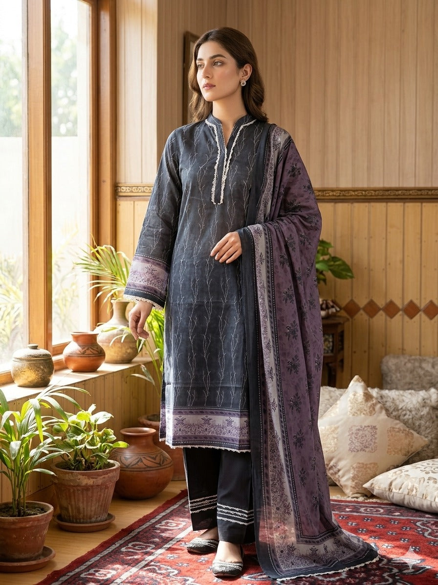 Charcoal Grey Printed Lawn 3 Piece Suit with Smoky Lavender Printed Dupatta (Unstitched)