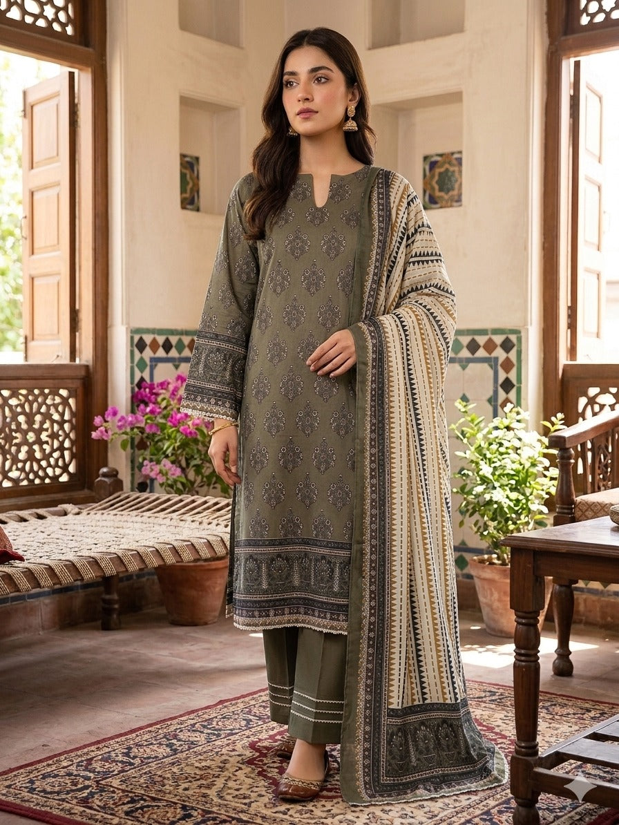 Olive Green Ethnic Printed Lawn 3 Piece Suit with Beige Geometric Printed Dupatta (Unstitched)