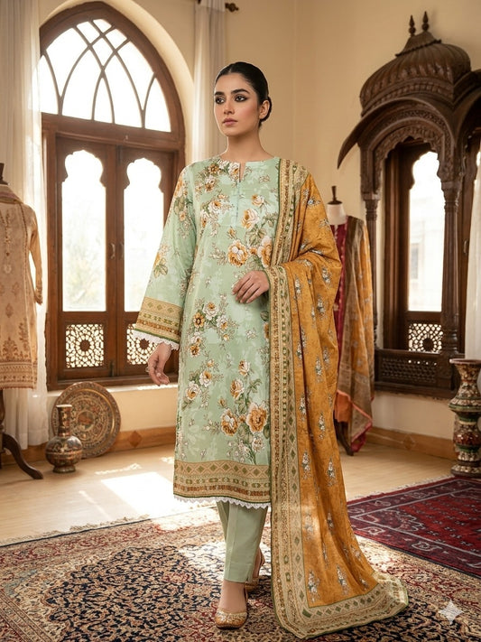 Mint Green Floral Printed Lawn 3 Piece Suit with Mustard Printed Dupatta (Unstitched)