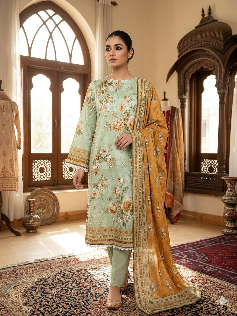 Mint Green Floral Printed Lawn 3 Piece Suit with Mustard Printed Dupatta (Unstitched)