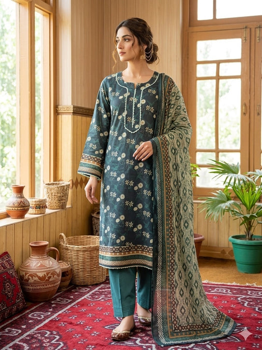 Deep Teal Floral Printed Lawn 3 Piece Suit with Beige Printed Dupatta (Unstitched)