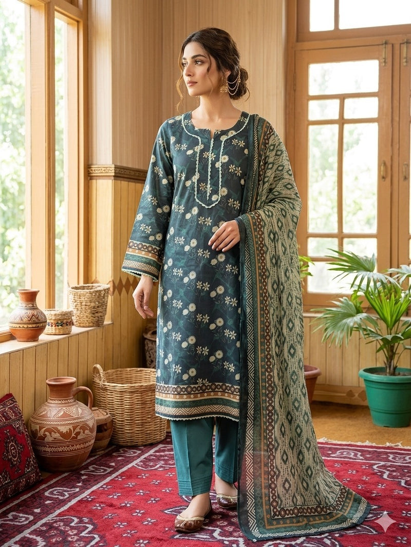 Deep Teal Floral Printed Lawn 3 Piece Suit with Beige Printed Dupatta (Unstitched)