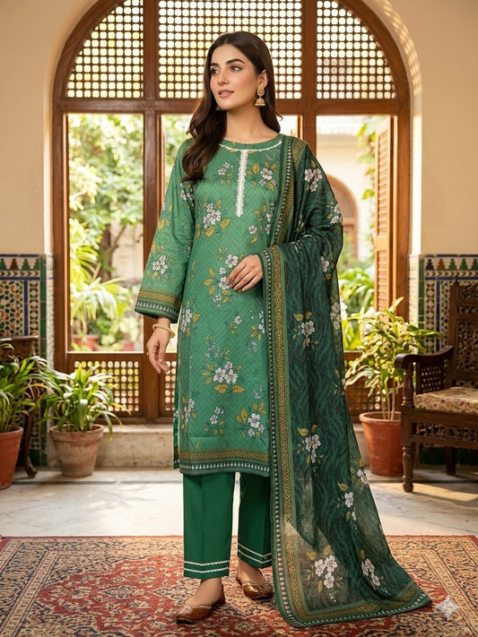 Emerald Green Floral Printed Lawn 3 Piece Suit with Forest Green Printed Dupatta (Unstitched)