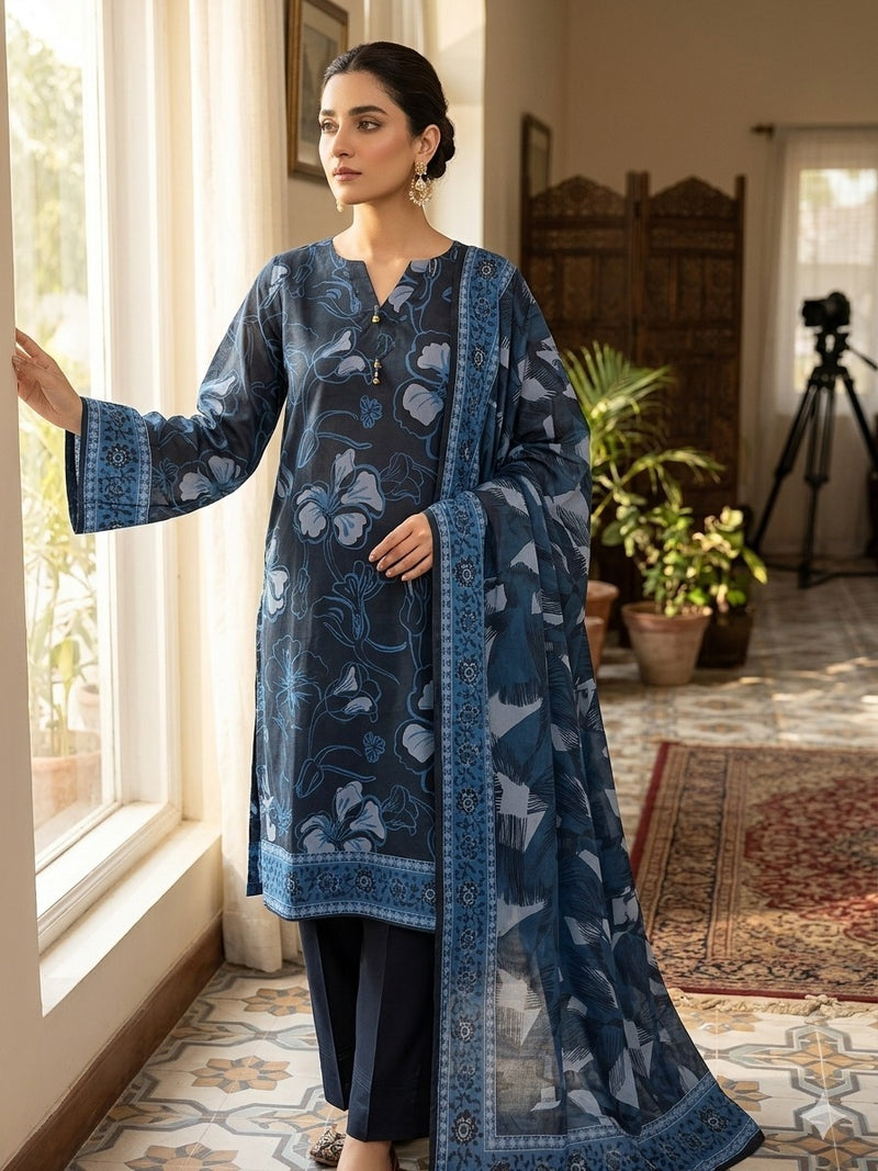 Midnight Navy Blue Floral Printed Lawn 3 Piece Suit with Steel Blue Printed Dupatta (Unstitched)