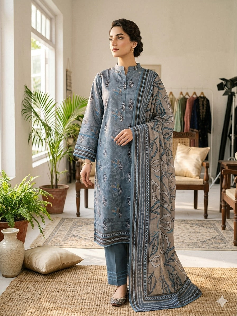 Steel Mist Printed Lawn 3-Piece Suit with Designer Dupatta (Unstitched)